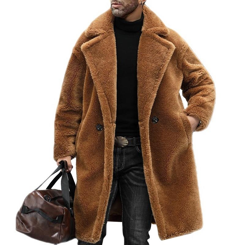 Men’s Warm Solid Color Teddy Plush Lapel Long Coat 00244387Y Brown