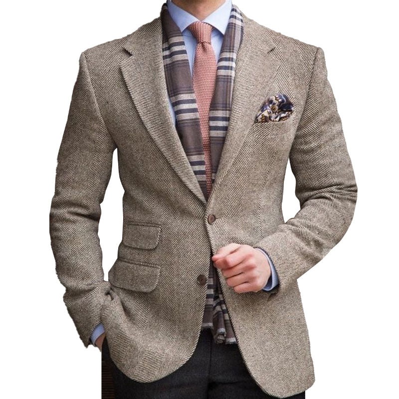 Lapel Multi-Pocket Single-Breasted Vintage Herringbone Blazer 52654611D Photo Color