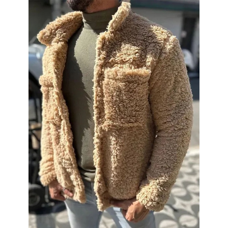 Sherpa Double-Pocket Single-Breasted Lapel Thermal Coat 12654009D Khaki