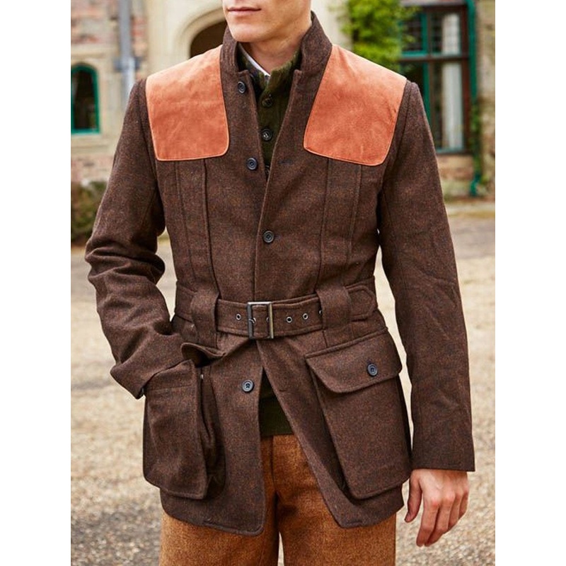 Suede Wool Patchwork Double Pocket Lace-Up Casual Jacket 37418387D Photo Color