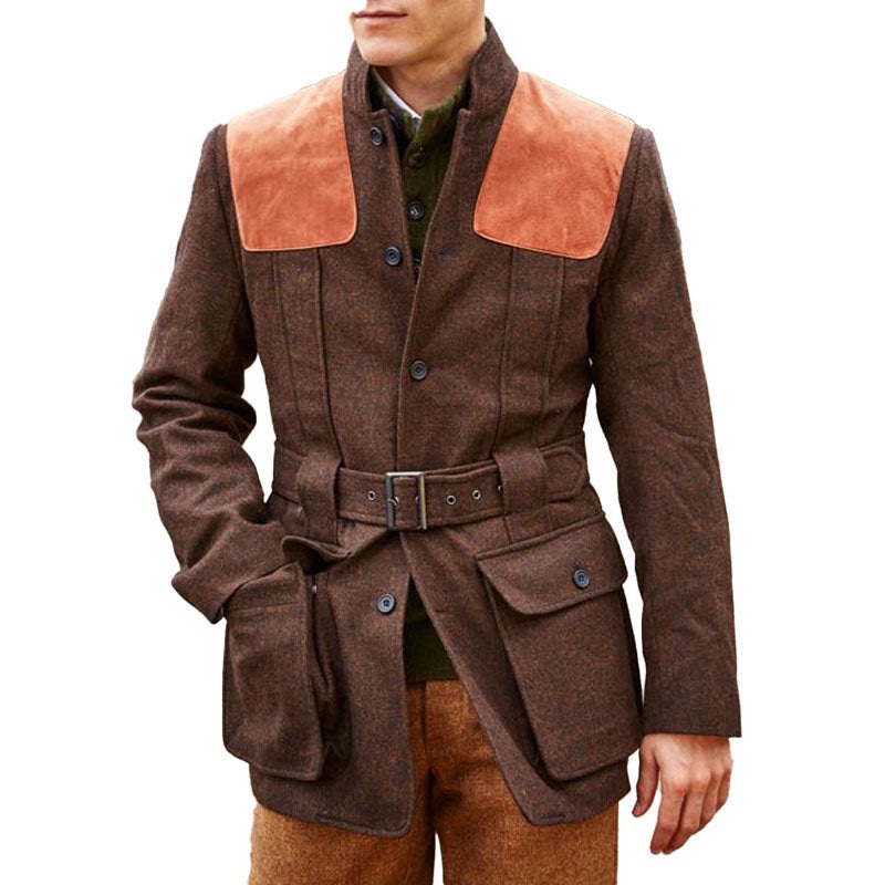 Suede Wool Patchwork Double Pocket Lace-Up Casual Jacket 37418387D Photo Color