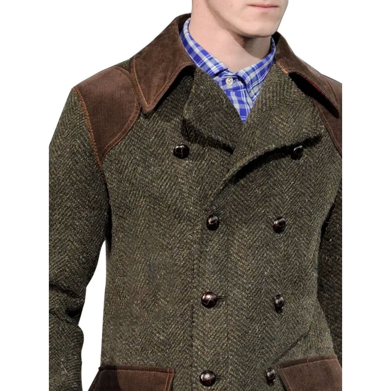 Vintage Herringbone Wool And Suede Patchwork Double-Breasted Casual Coat 49661635XL Army Green