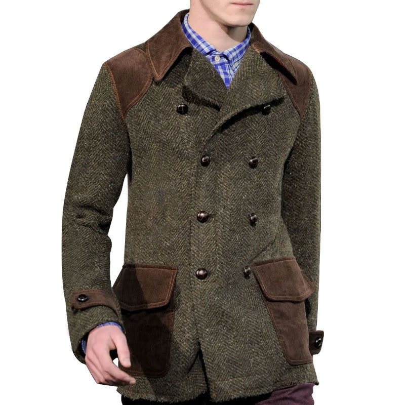 Vintage Herringbone Wool And Suede Patchwork Double-Breasted Casual Coat 49661635XL Army Green
