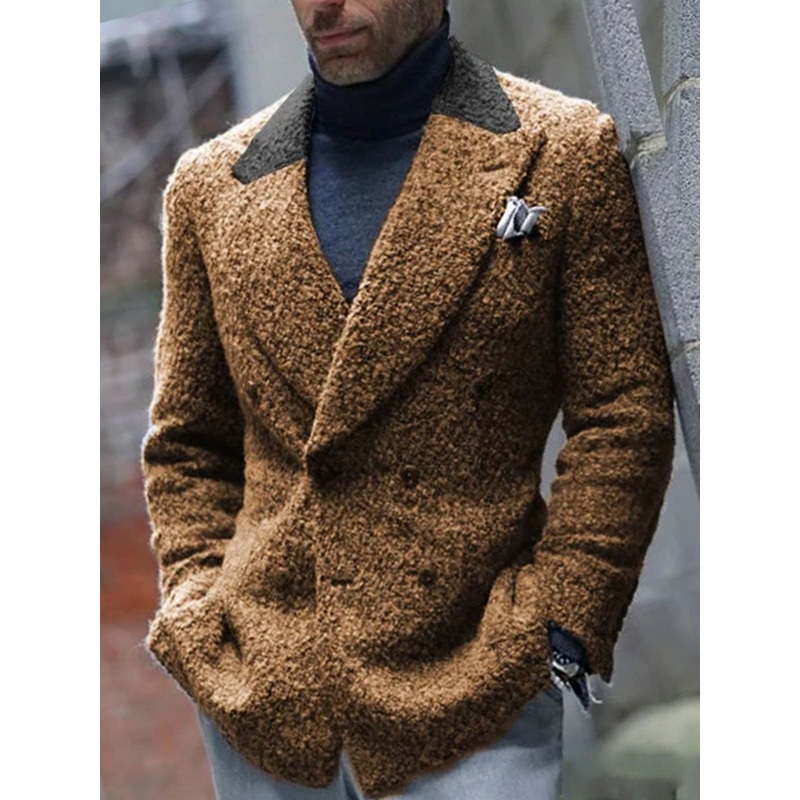 Vintage Sherpa Contrast Stitching Double Pocket Casual Retro Lapel Blazer 34593667D Brown