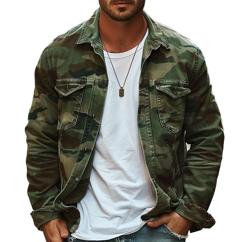 Men’s Camouflage Canvas Retro Wear Lapel Jacket 18911497X Army Green