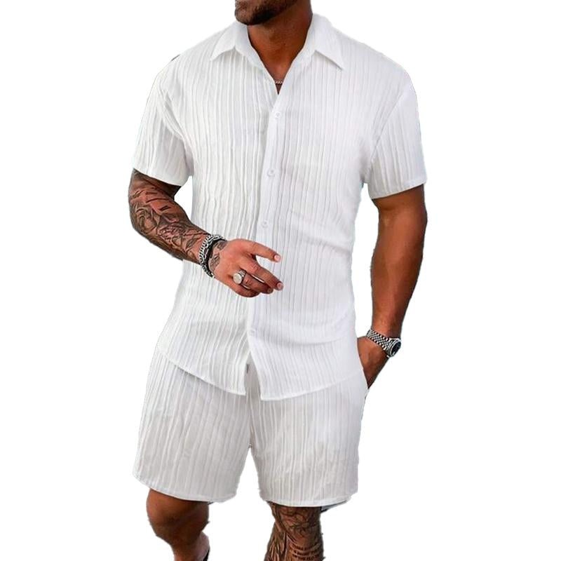 Men’s Solid Color Striped Lapel Short Sleeve Shorts Casual Set 63428764X Dark khaki