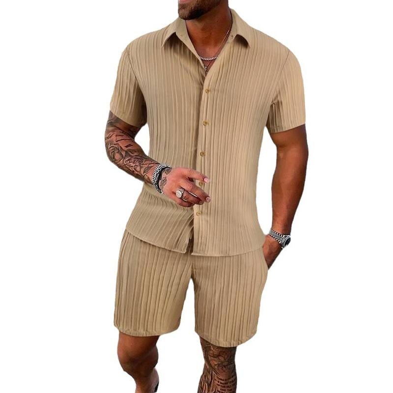 Men’s Solid Color Striped Lapel Short Sleeve Shorts Casual Set  63428764X Dark khaki