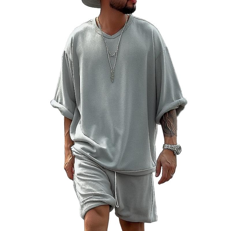 Men’s Solid Loose V Neck Short Sleeve T-shirt Shorts Casual Set 55757857Z Gray
