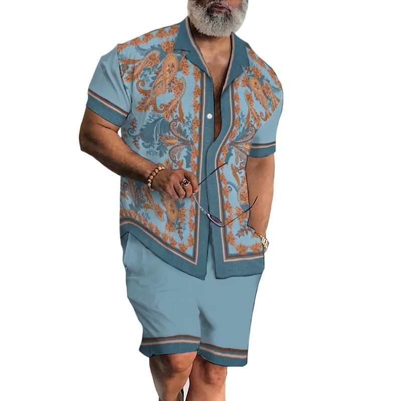 Men’s Vintage Perris Lapel Short Sleeve Two-Piece Set 30761711TO Blue