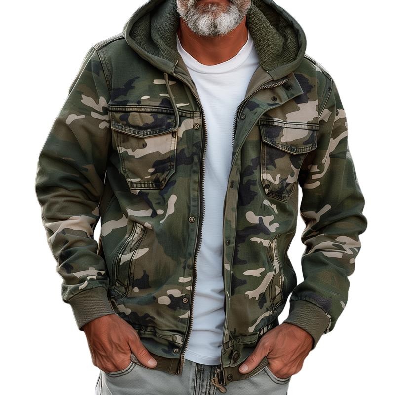 Men’s Camouflage Hooded Multi-pocket Zip Cargo Jacket 69249000Z Army Green