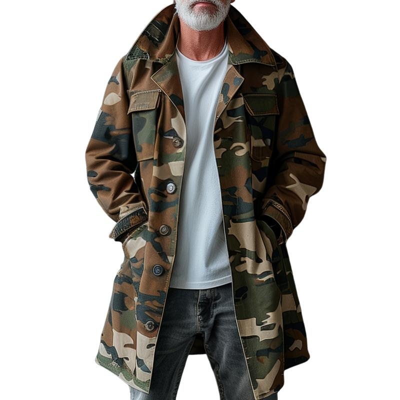 Men’s Camouflage Lapel Breast Pocket Single Breasted Mid-length Cargo Trench Coat 74550095Z Brown