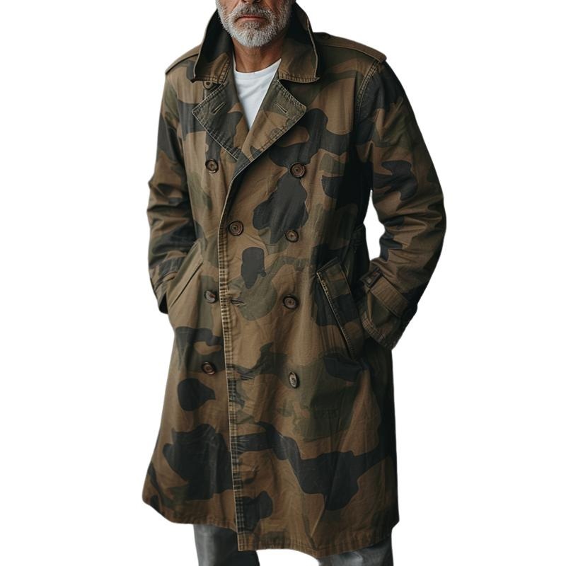 Men’s Camouflage Lapel Double Breasted Mid-length Cargo Trench Coat 89189358Z Khaki