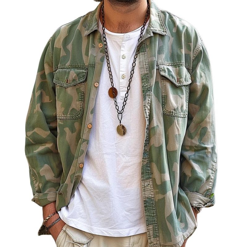 Men’s Camouflage Lapel Breast Pocket Cargo Shirt Jacket 38282207Z Army Green