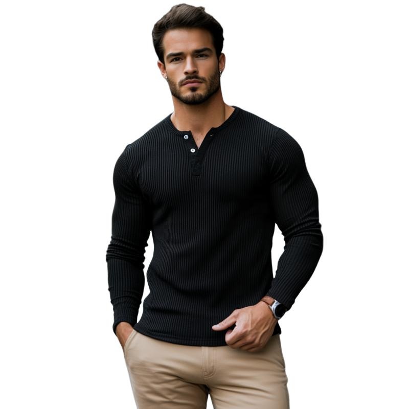 Men’s Casual Rib Stripe Henley Collar Slim Fit Long Sleeve T-Shirt 68992413M Black
