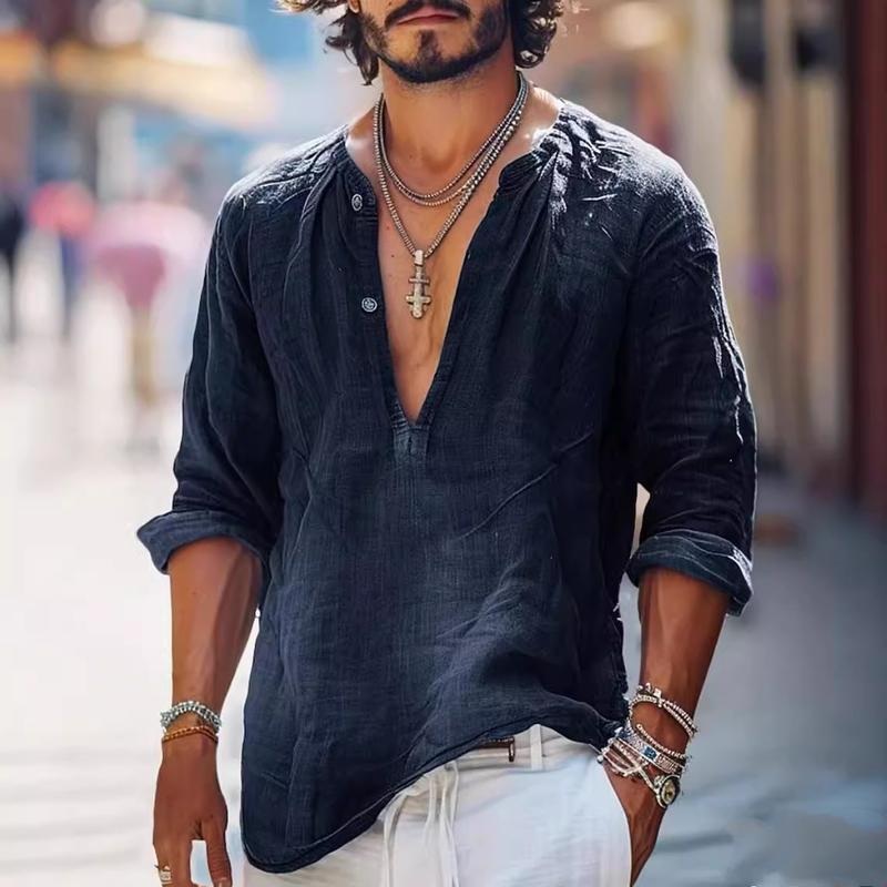 Men’s Vintage Button V-Neck Long Sleeve Shirt 16011016Y Navy