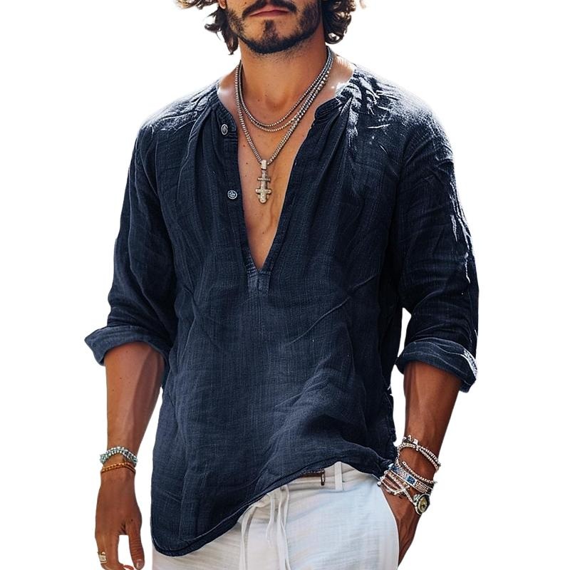 Men’s Vintage Button V-Neck Long Sleeve Shirt 16011016Y Navy