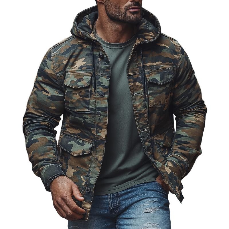 Men’s Casual Outdoor Camouflage Hooded Multi-Pocket Single-Breasted Jacket 42185129M Army Green