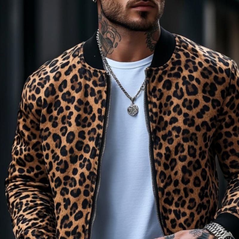 Men’s Basics Leopard Print Bomber Jacket 93635399Y Brown