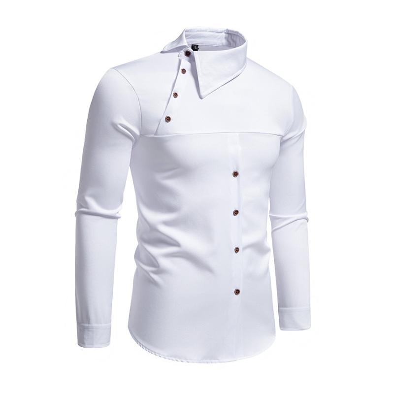 Men’s Casual Lapel Slanted Placket Asymmetric Slim Fit Long Sleeve Shirt 50452395M White