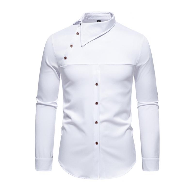 Men’s Casual Lapel Slanted Placket Asymmetric Slim Fit Long Sleeve Shirt 50452395M White