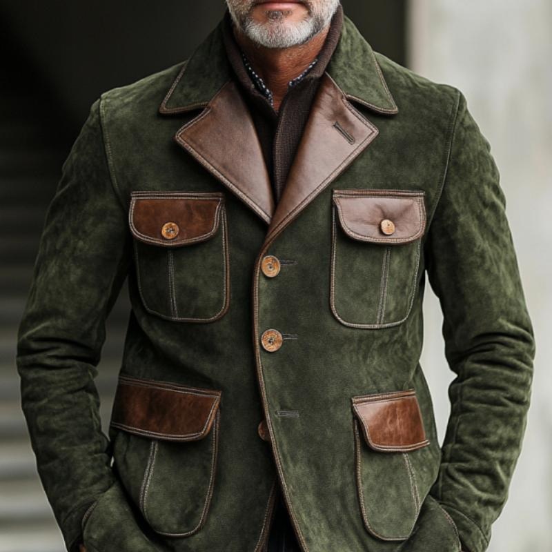 Men’s Vintage Suede and Leather Multi-Pocket Single-Breasted Blazer 29769161Y Army Green