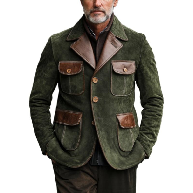 Men’s Vintage Suede and Leather Multi-Pocket Single-Breasted Blazer 29769161Y Army Green
