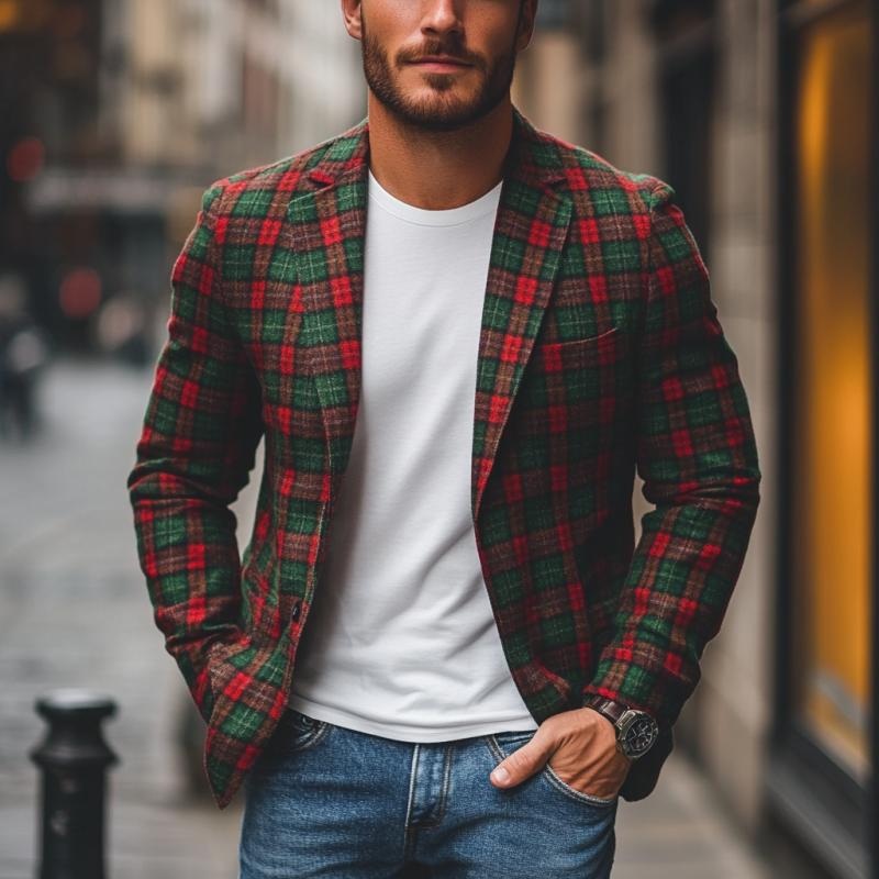 Men’s Casual Notch Lapel Contrast Color Christmas Plaid Single-breasted Blazer 09626197M Green