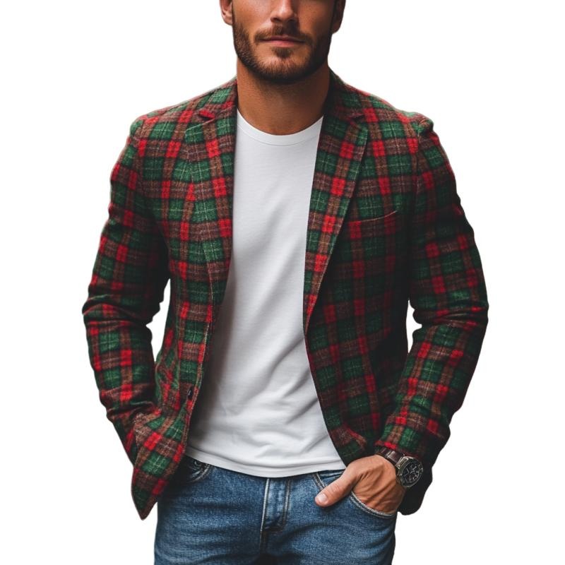 Men’s Casual Notch Lapel Contrast Color Christmas Plaid Single-breasted Blazer 09626197M Green