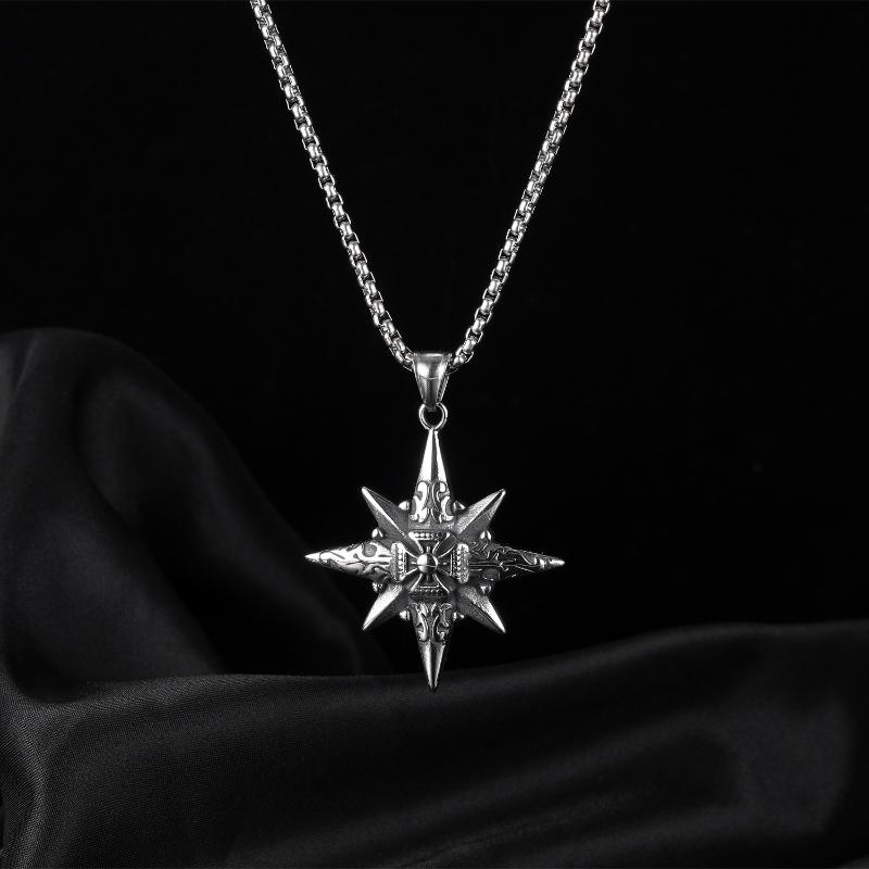 Vintage Casual Octagonal Star Cross Necklace 13169889TO Silver