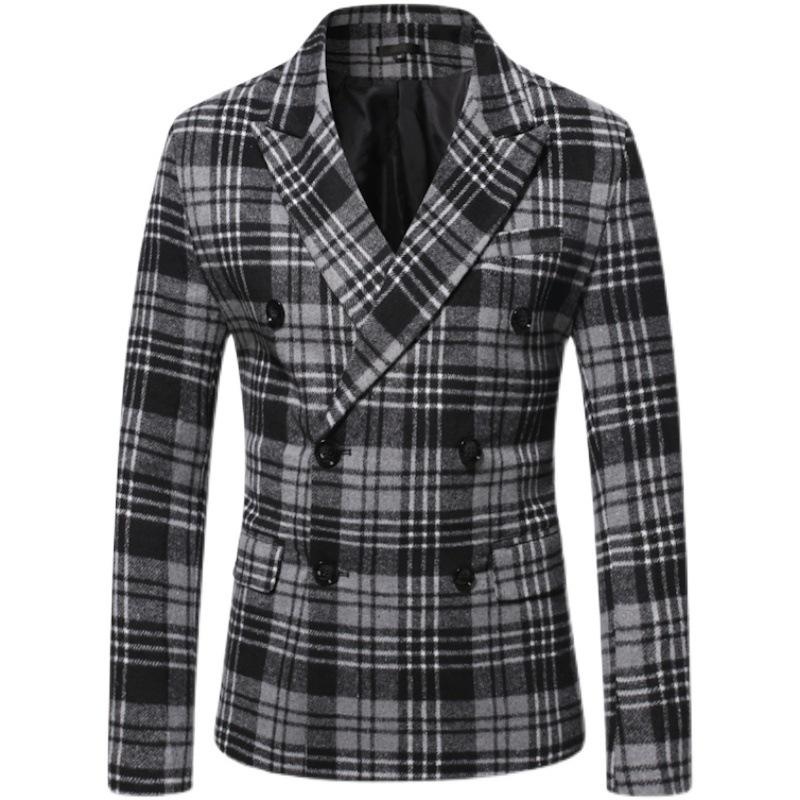 Men’s Autumn and Winter Lapel Thickened Plaid Blazer 86064698U Gray