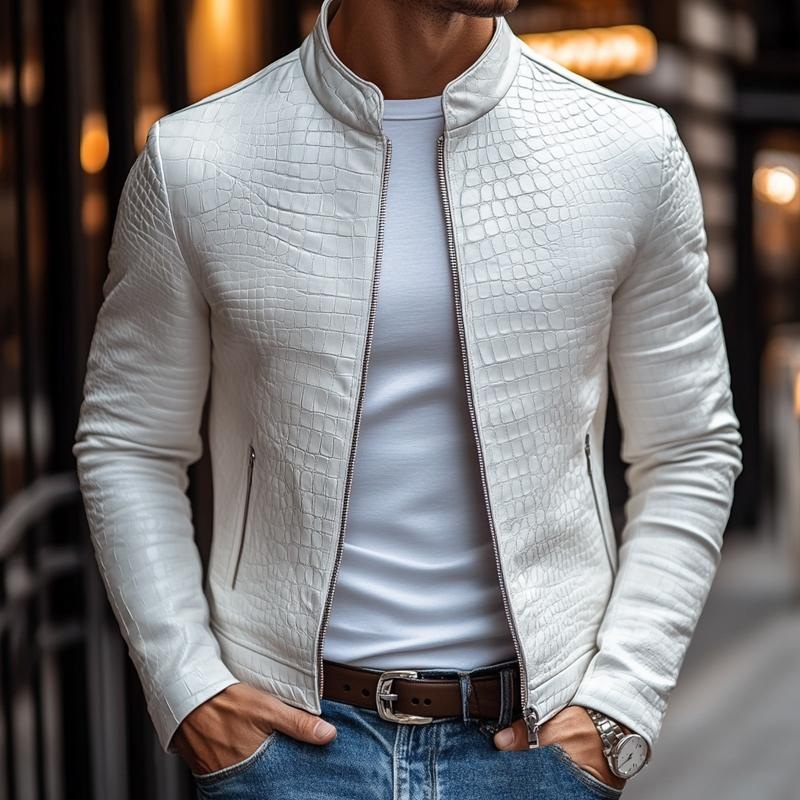 24-hour shipping outMen’s Fashion Stone Pattern Stand Collar Zipper Slim Fit Leather Jacket 45773252M White