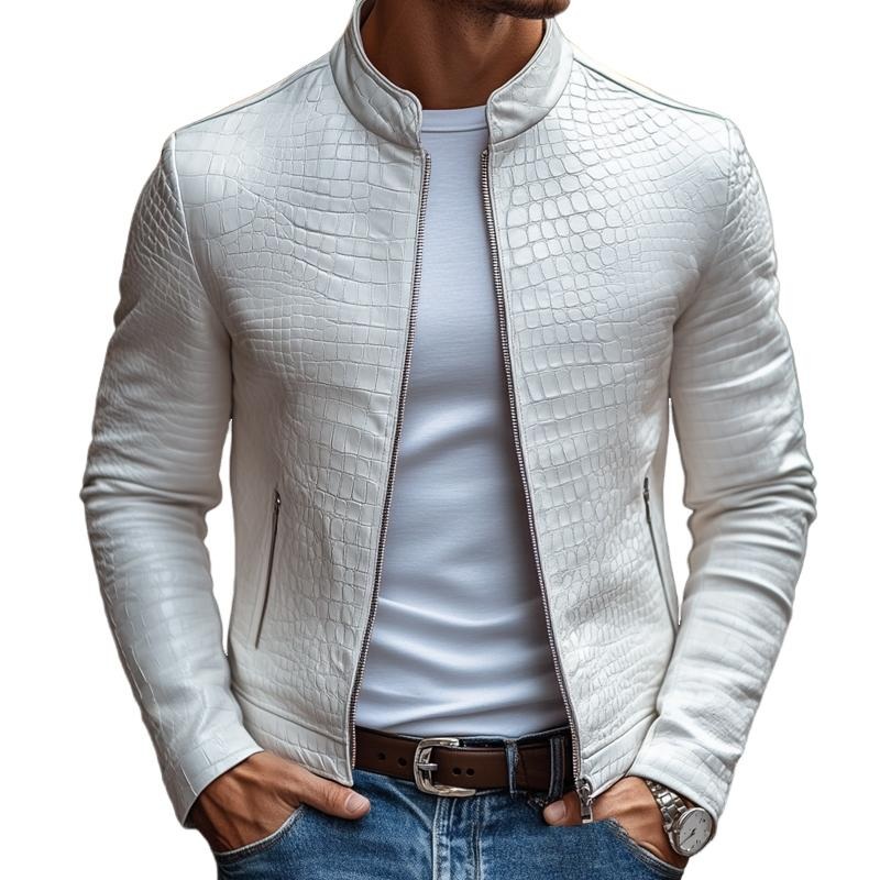 24-hour shipping outMen’s Fashion Stone Pattern Stand Collar Zipper Slim Fit Leather Jacket 45773252M White