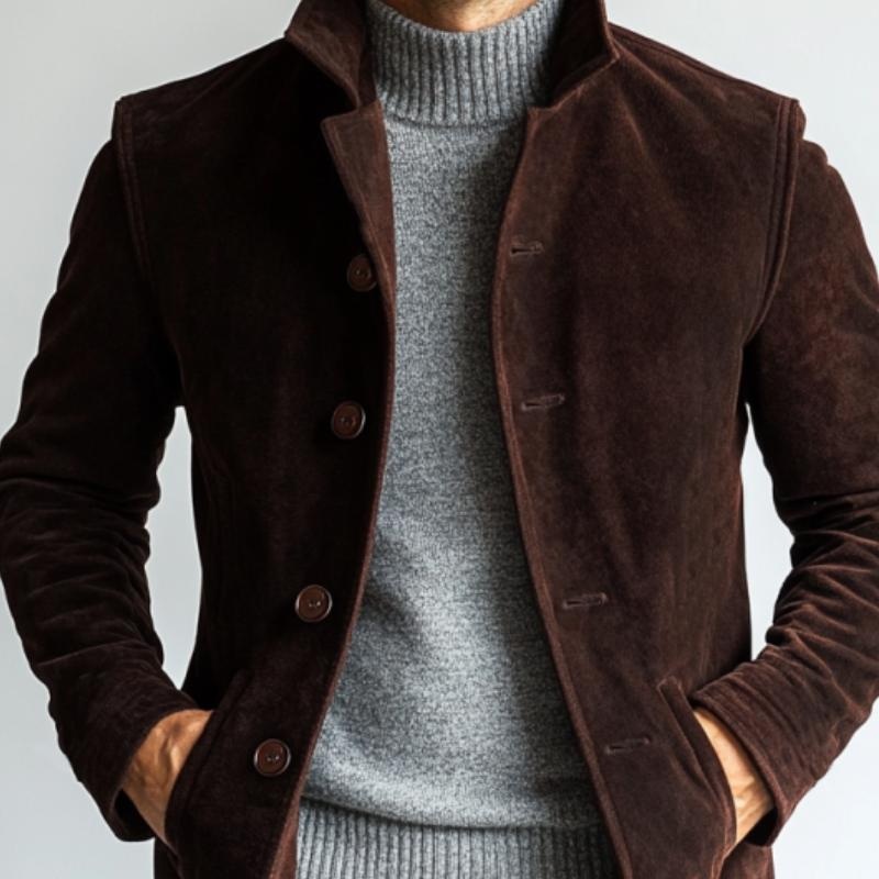 Men’s Casual Solid Suede Single Breasted Mid-Length Coat 94491369Y Dark Brown