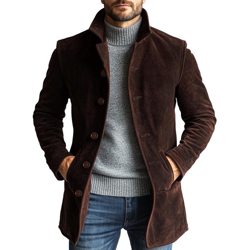 Men’s Casual Solid Suede Single Breasted Mid-Length Coat 94491369Y Dark Brown