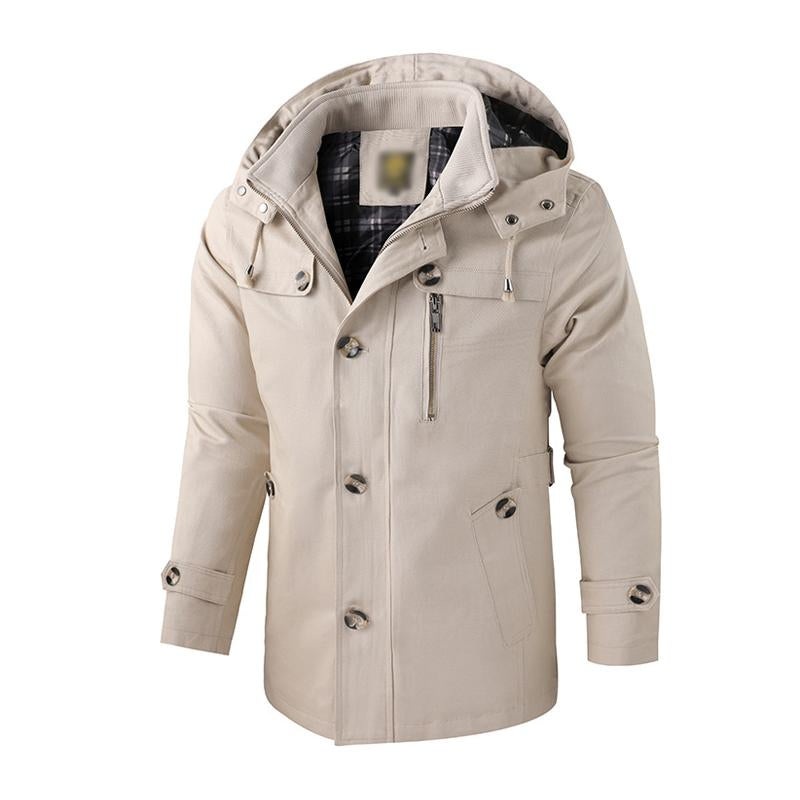 Men’s Casual Washed Cotton Warm Stand Collar Hooded Mid-length Coat 52130055M Beige