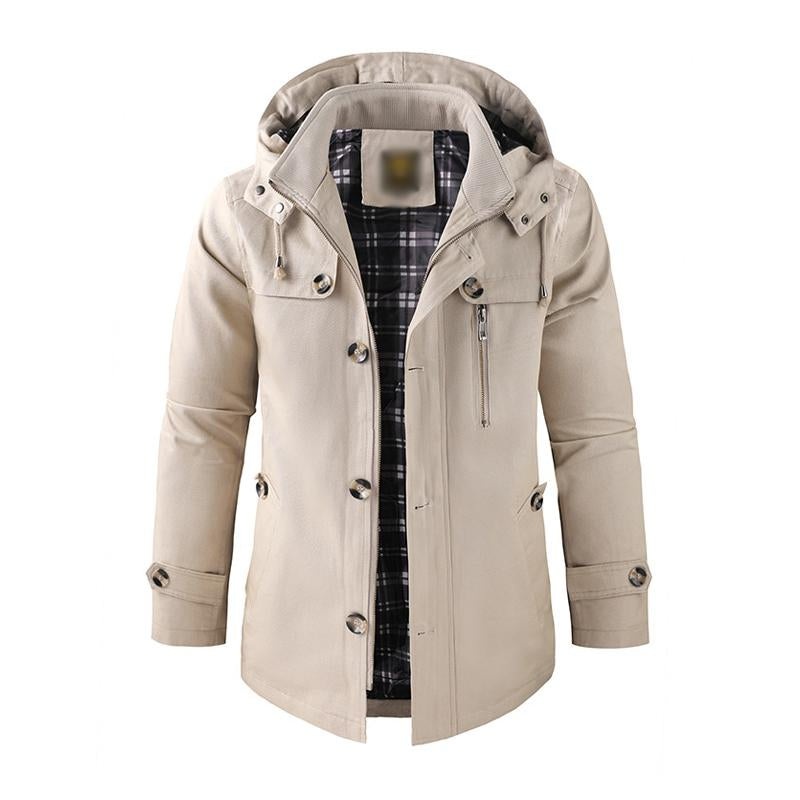 Men’s Casual Washed Cotton Warm Stand Collar Hooded Mid-length Coat 52130055M Beige