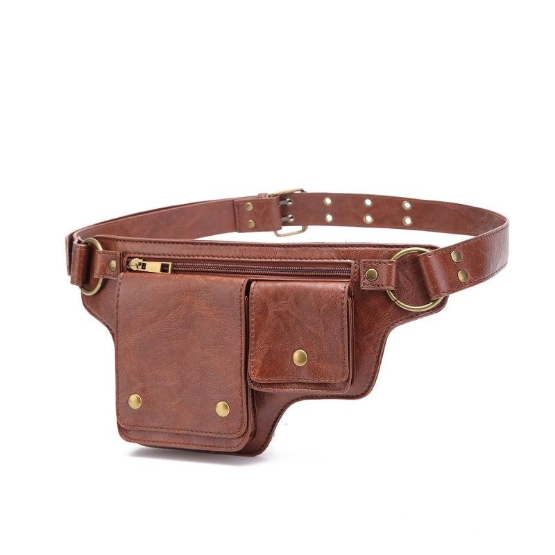 Men’s Outdoor Sports Zipper Adjustable Leather Waist Bag 28172372K Red Brown