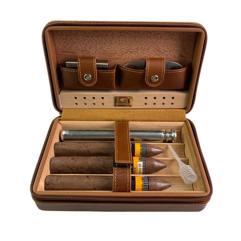 Men’s Portable Cigar Humidor Leather Set Storage Bag 77717740K Brown