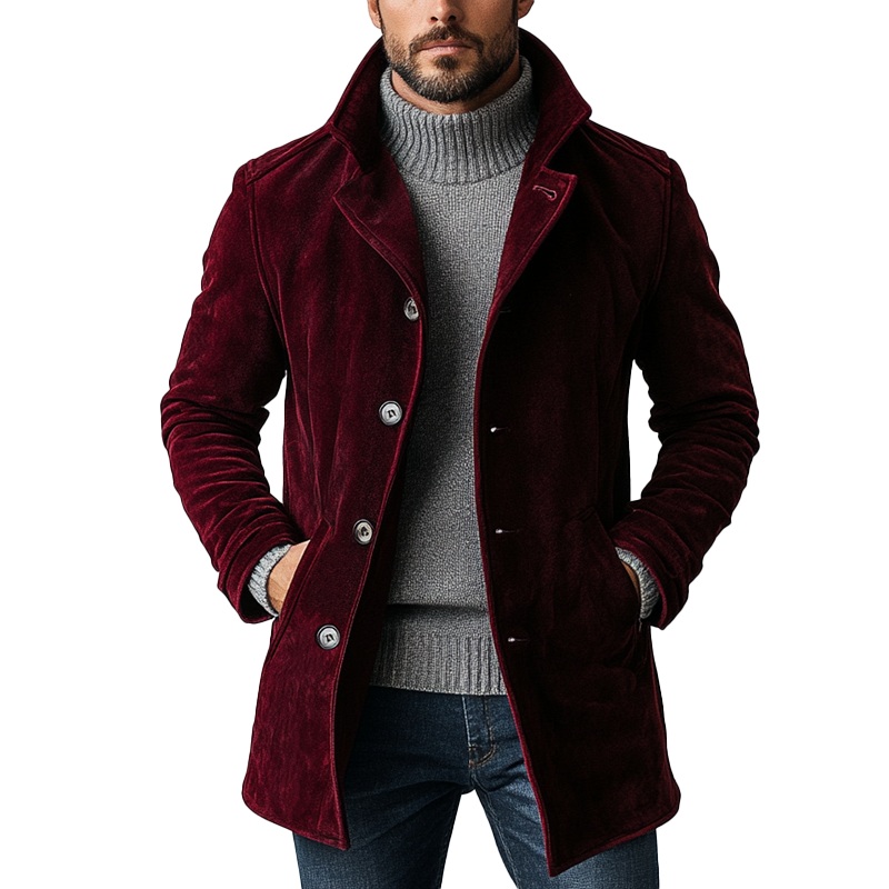 Men’s Vintage Suede Single Breasted Mid-Length Coat 46118477Y Wine Red