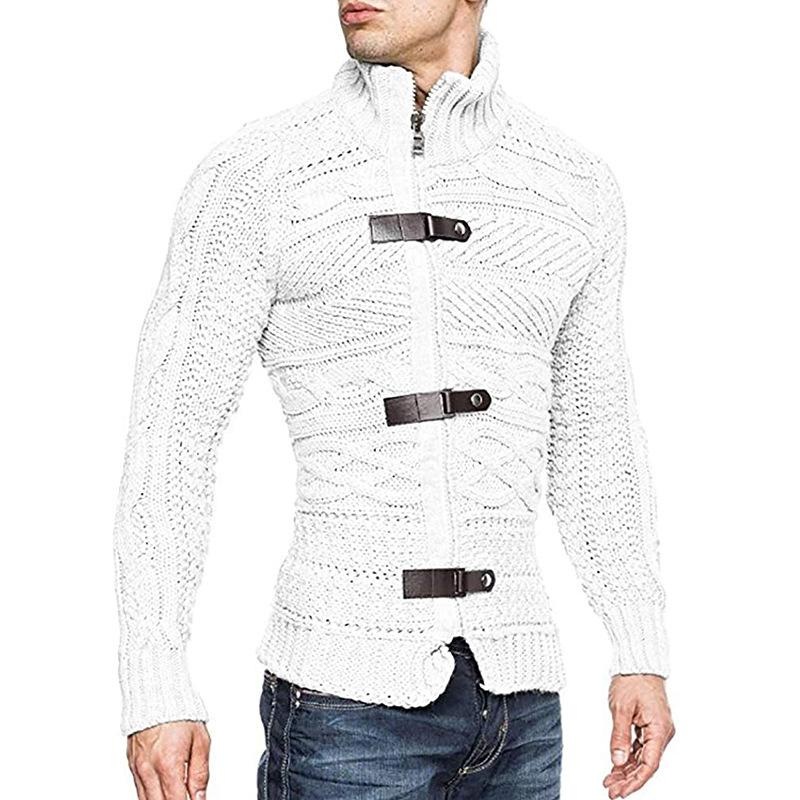Men’s Casual Stand Collar Zipper Cable Knitted Slim Cardigan 14927579M White