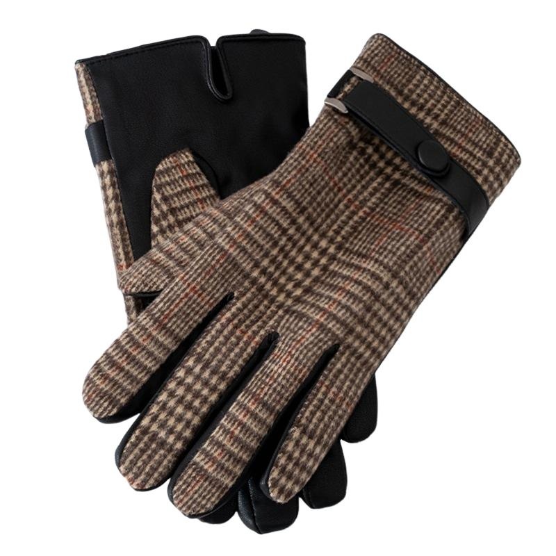 Men’s Plaid Plush Warm Touch Screen PU Leather Gloves 34284838U Black