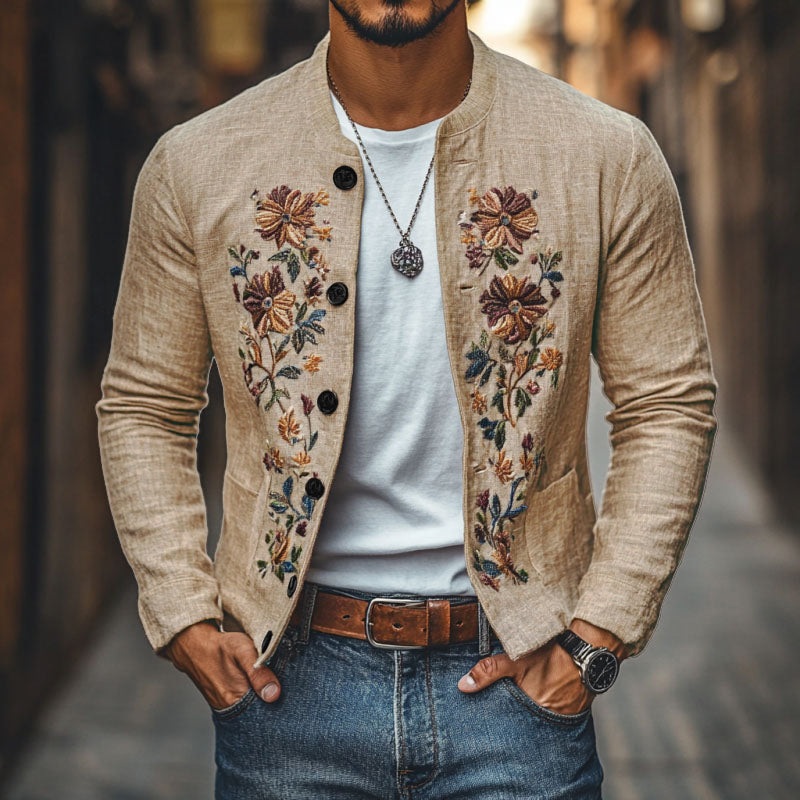 24-hour shipping outMen’s Casual Linen Embroidered Stand Collar Single Breasted Slim Fit Jacket 48687422M Light Khaki