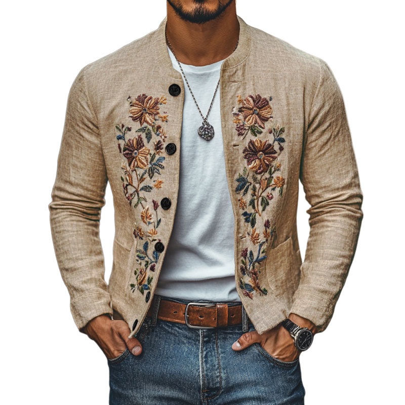 24-hour shipping outMen’s Casual Linen Embroidered Stand Collar Single Breasted Slim Fit Jacket 48687422M Light Khaki