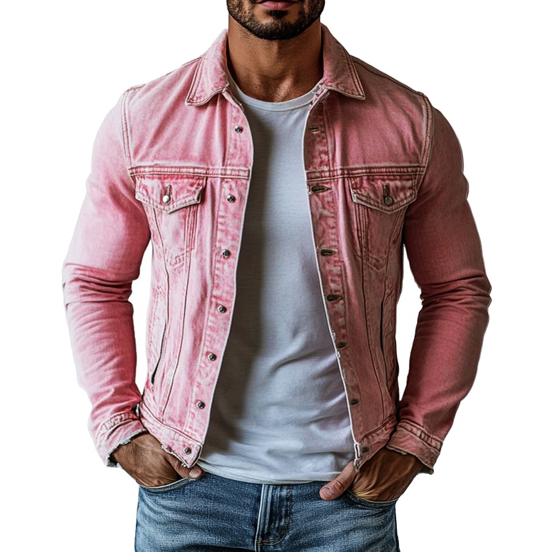 24-hour shipping outMen’s Vintage Washed Lapel Multi Pocket Denim Jacket 20763802Y Pink