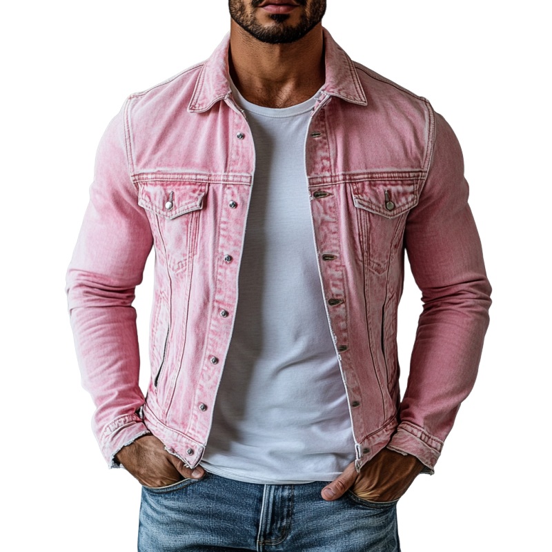 24-hour shipping outMen’s Vintage Washed Lapel Multi Pocket Denim Jacket 20763802Y Pink