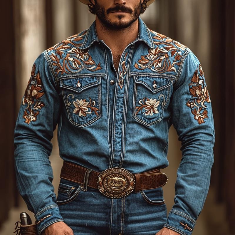 24-hour shipping outMen’s Western Cowboy Style Embroidered Lapel Chest Pocket Long Sleeve Denim Shirt 00380923Z Blue