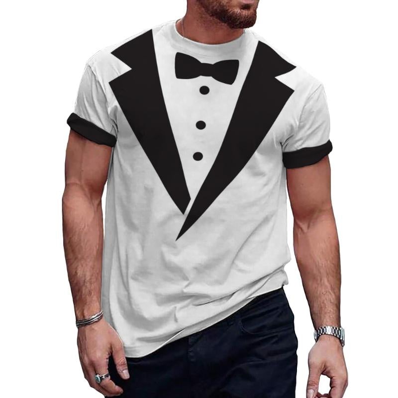 Men’s Casual Bow Tie Printed Round Neck Short Sleeve T-Shirt 61614829TO White