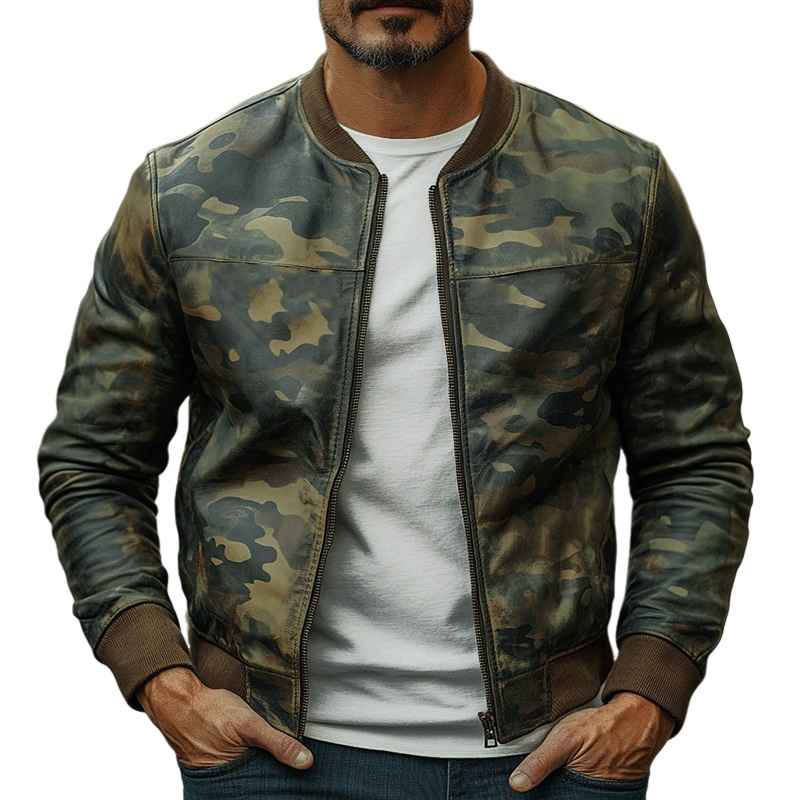 Men’s Casual Camouflage Baseball Leather Jacket 26324545F Army Green