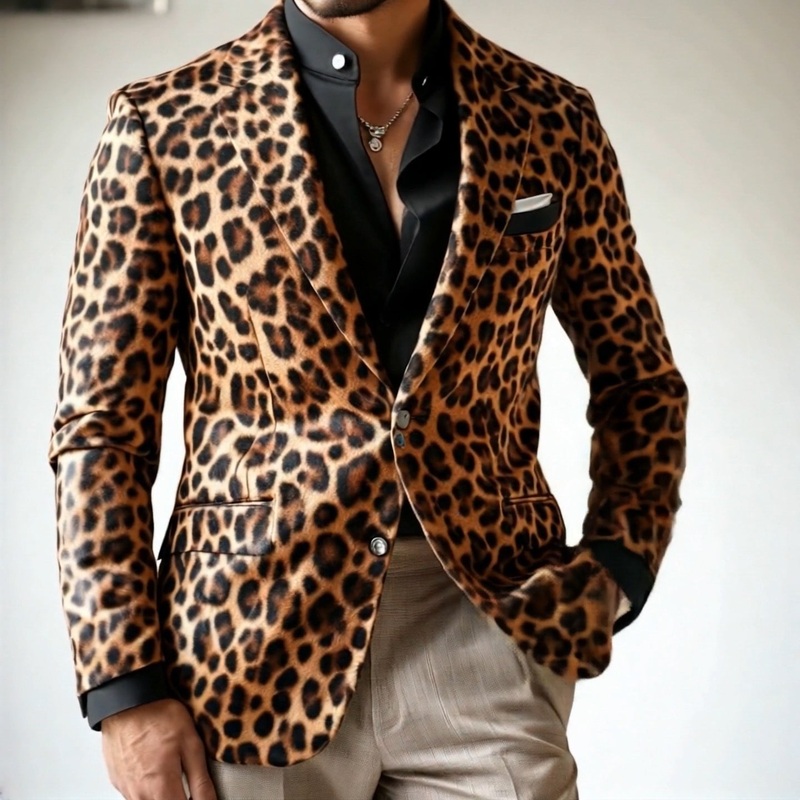 Men’s Vintage Casual Leopard Print Single Breasted Blazer 44079175TO Brown