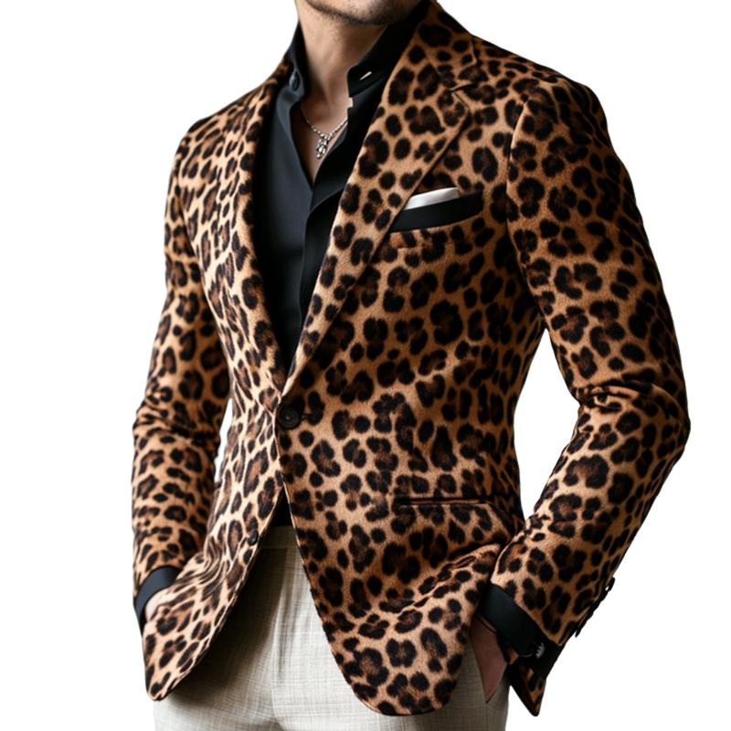 Men’s Vintage Casual Leopard Print Single Breasted Blazer 44079175TO Brown